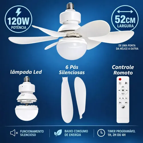Lâmpada Ventilador Soquete E27 120w 6 Pás Luz Led Grande 127/220v