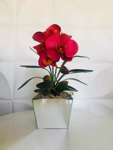 Arranjo De Orquídeas Em Silicone Com Vaso Espelhado