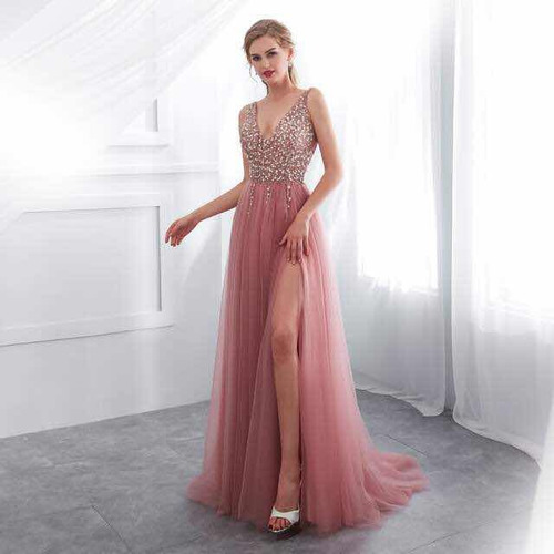 vestido de formatura rosa longo