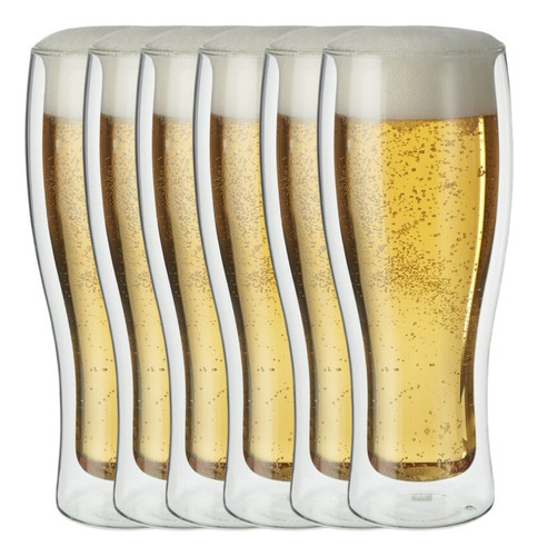 Conjunto 6 Copos De Vidro Parede Dupla Cerveja Chopp Grande