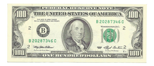 Estados Unidos - 100 Dólares 1993 Selo Verde Série B, Sob/fe