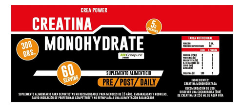 Creatina Monohidratada 300 Gr (60 Serv) Crea Power 100%