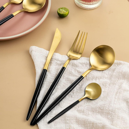 24pcs Conjunto De Talheres De Aço Luxo Inoxidável Preto-ouro