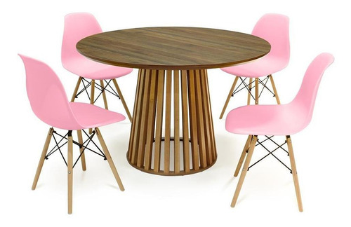 Mesa De Jantar Luana Natural 120cm + 4 Cadeiras Eiffel Cor Rosa