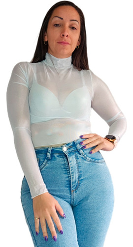 Crop Top Mujer Microtul Corto Sexy Manga Larga Transparente