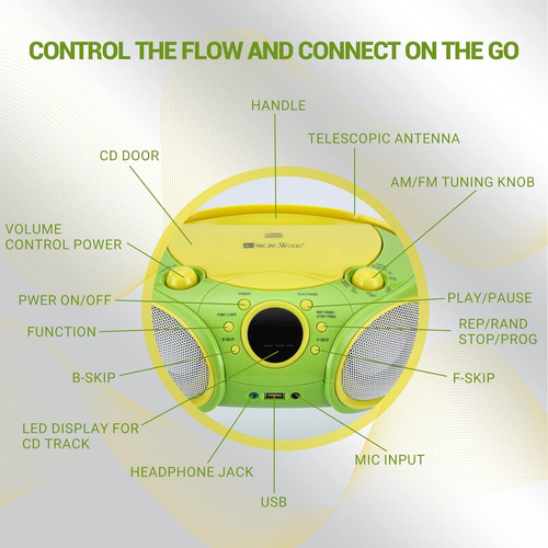 Singingwood NP030ab-yg: sistema de karaokê portátil, leitor de CD portátil com Bluetooth para rádio estéreo AM/FM, entrada para fone de ouvido, karaokê portátil compatível com AC ou bateria, verde