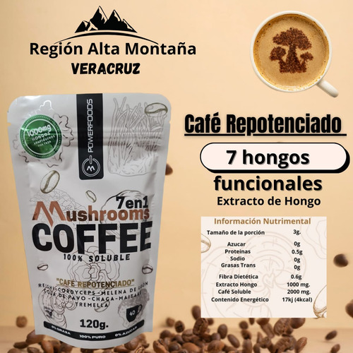 Café Soluble Con Hongos 7 En 1. Café Repotenciado 7 Hongos