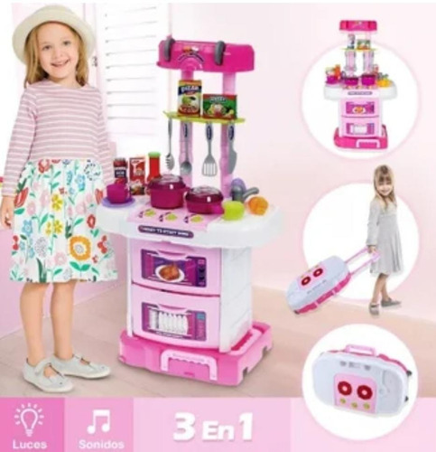 Imagen 2 de 6 de Cocinita Infantil+sonido+luz+43 Accesorios + Valija!!!!