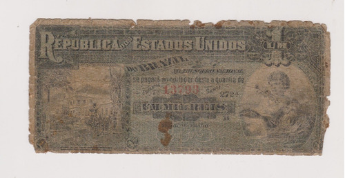 Billete Brasil Un Mil Reis Año 1890 Malo