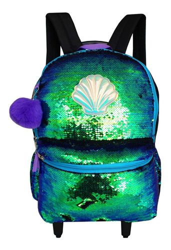 Mochila Infantil Com Rodinhas Concha Escama Paetê Garotas Cor Verde Desenho do tecido Mermaid Sereia