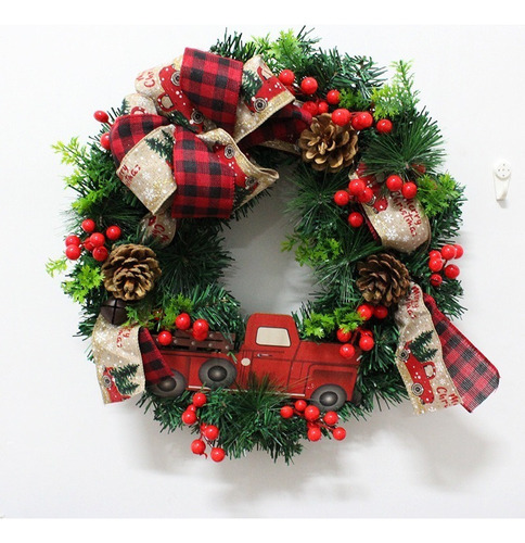 Corona De Navidad Red Truck Buffalo Plaid Guirnalda A Cuadro