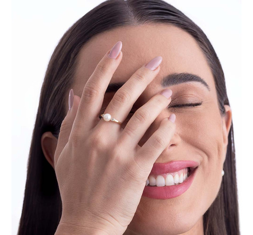 Anel Em Ouro 18k Com Pérola E 4 Pontos De Diamante Aro 17