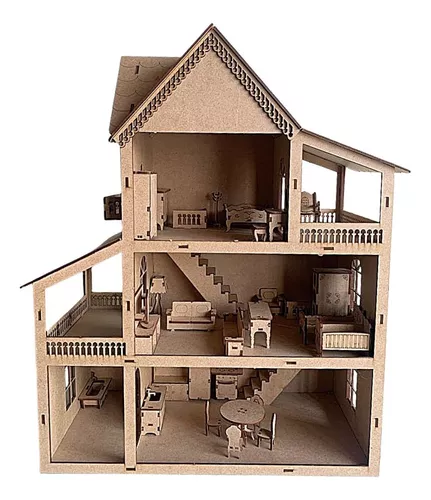 Casinha De Boneca Modelo Americana Mdf Pintada Com 30 Moveis