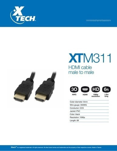 Imagen 2 de 2 de Cable Hdmi Xtech 6 Pies (1.8 Metros) Por Menor=$5,00 Por May