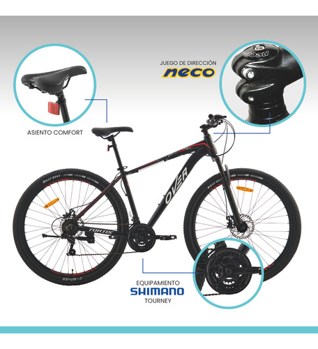 Bicicleta Mtb Overtech Fortis R29 Aluminio Full Shimano, 21 Velocidades, Freno A Disco, Con Suspensión, Color Negro/Azul, Tamaño Del Cuadro M