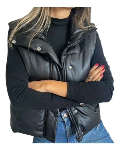 Chaleco Puffer Con Capucha Mujer Negro