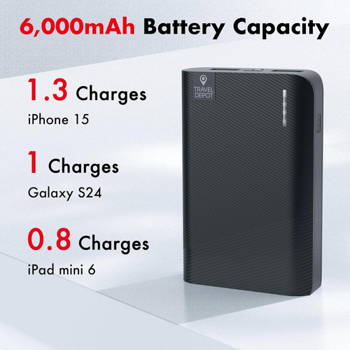 Cargador portátil Travel Depot 6000 mAh, tres puertos, carga rápida, linterna incorporada, USB-C, compatible con iPhone y Android.