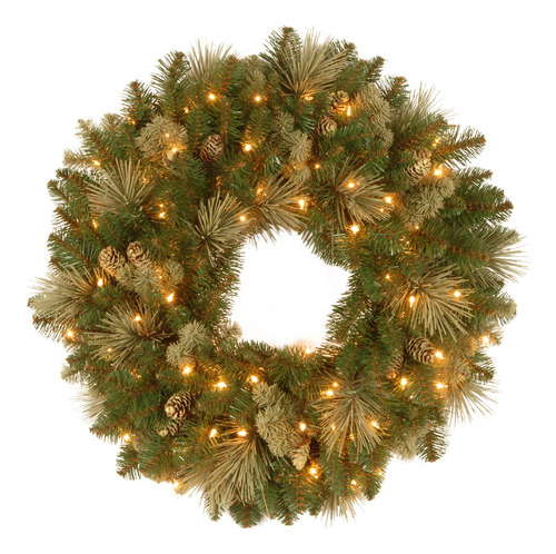 Corona De Pino De 76.2 Cm Con Conos Flocados Y 100 Luces Led