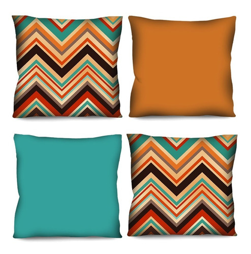 Kit 4 Capas De Almofada Laranja Turquesa Chevron 42x42