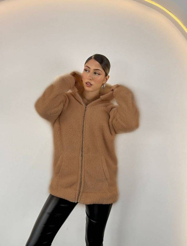 Campera De Peluche Abrigo Mujer Saco Bifaz Lisos Bolsillos