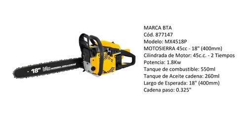 Imagen 2 de 3 de Motosierra Naftera A Explosion Bta 45cc Espada 400mm 18