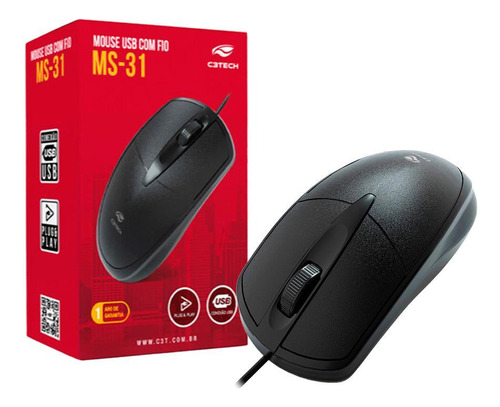 Mouse Usb Com Fio 3 Botões Ms-31 C3t Preto Nf 1 Ano Garantia