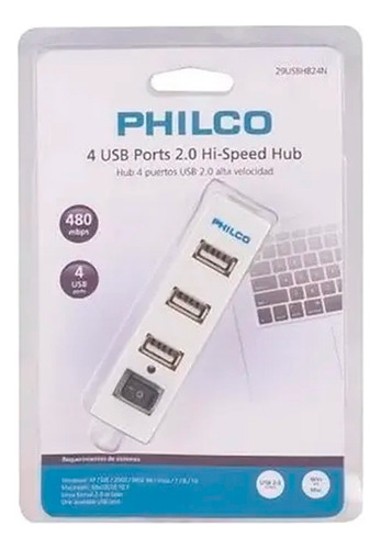 Mini Hub 2.0 4 Puertos Usb Blanco Philco - Malik