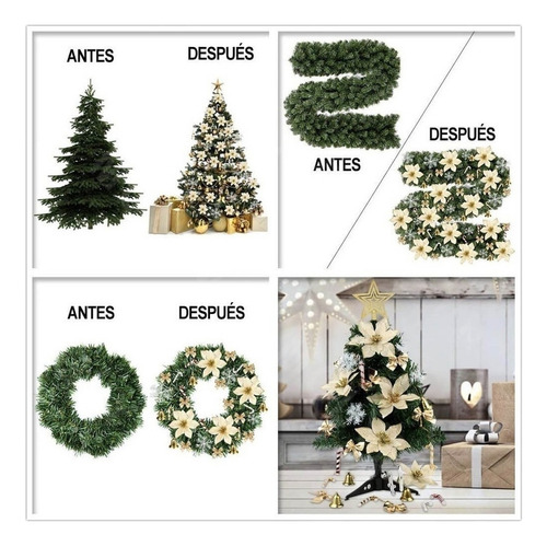 Arbol Navidad Adorno Flores Noche Buena Doradas Artificiales