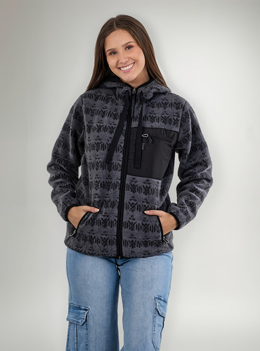 Poleron Polar Full Print Look Sherpa Con Gorro Gris Mujer Polemic