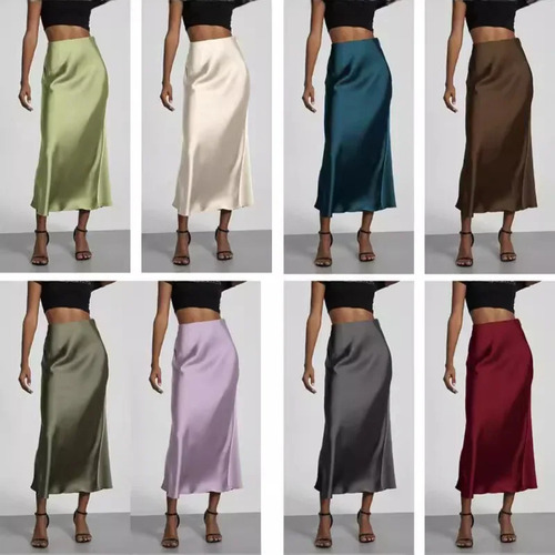 Elegante Falda Midi De Satén Para Mujer, Estilo De Viaje De