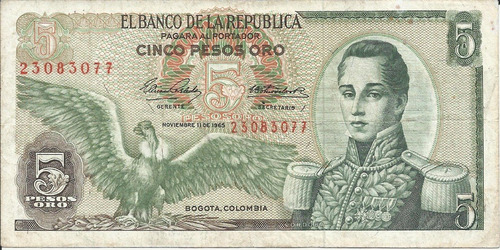 Colombia 5 Pesos Oro 11 Noviembre 1965