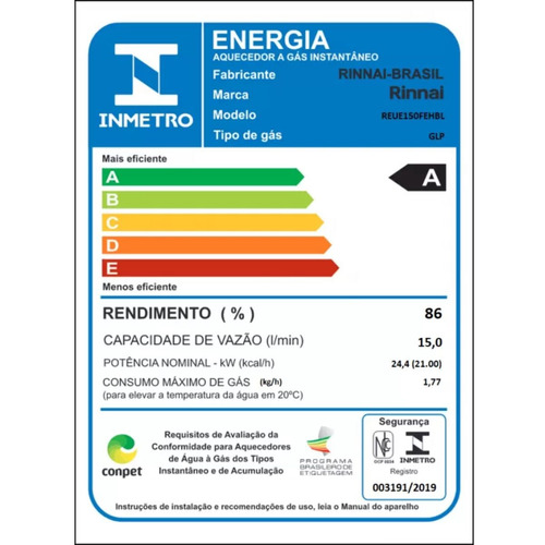 Aquecedor a gás GLP Rinnai Digital REU-E150 FEH branco