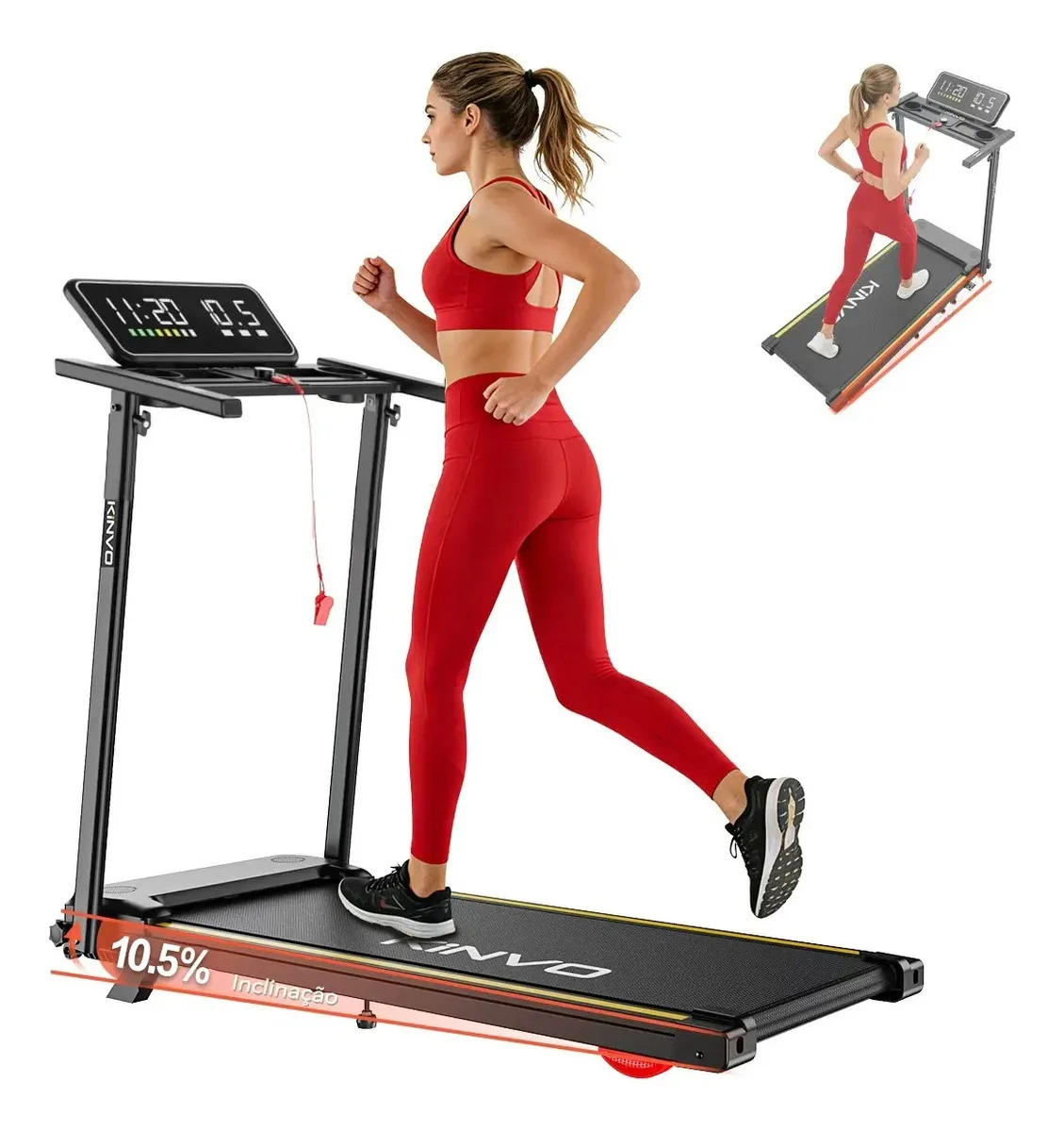 Esteira Elétrica Ergométrica Profissional Inteligente 0.75hp, Inclinação 10.5%, 1-12 Km/h, Max 120kg, Dobrável,bivolt, Com Tela Led Touch, Monitor De Frequência Cardíaca, Controle Remoto E App Kinvo