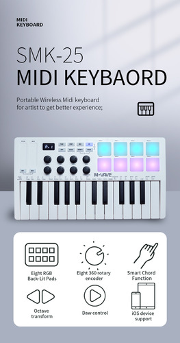 Controlador M-vave Smk-25 Midi 25t De 8 Almohadillas - Usb/d