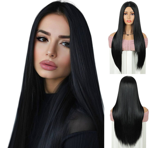 Peluca De Pelo Natural Negro Largo Y Liso Para Mujer Tamaño De La Base M