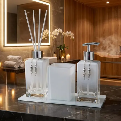Kit De Banheiro Difusor + Saboneteira + Porta Escova E Base Branco Degradê Com Prata