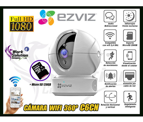 Cámara Wifi Full Hd Ezviz Gira 360° C6cn + Microsd 128gb