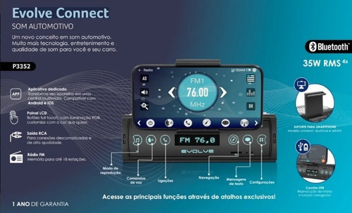 Auto Radio Multilaser Evolve Connect P3352 Usb Fm Bluetooth