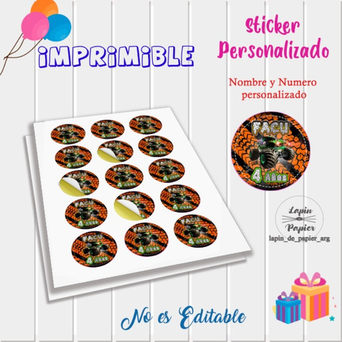 Kit Imprimible Sticker Circulo Multiuso Monster Jam Truck Op