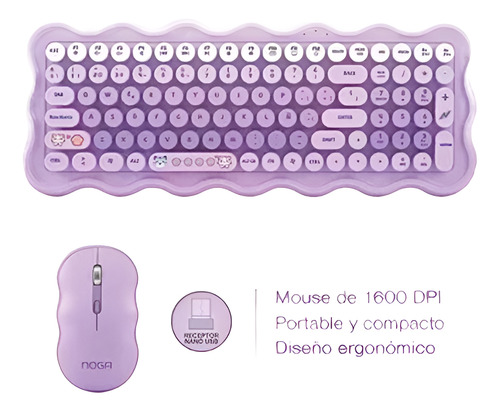 Combo Kit Teclado Y Mouse Inalámbrico Ergonomico Qwerty Violeta Violeta