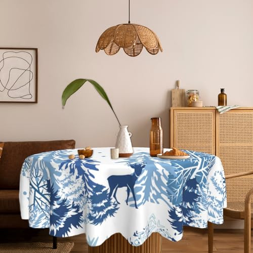 Mantel Redondo Navideño 150 Cm, Diseño De Ciervos