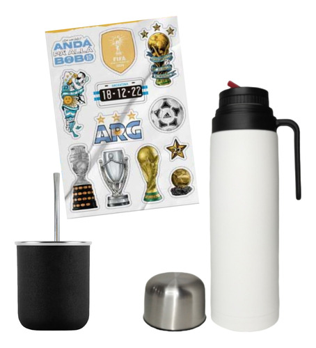 Equipo Set Matero Termo Blanco 1 L Mate Stickers Mundial