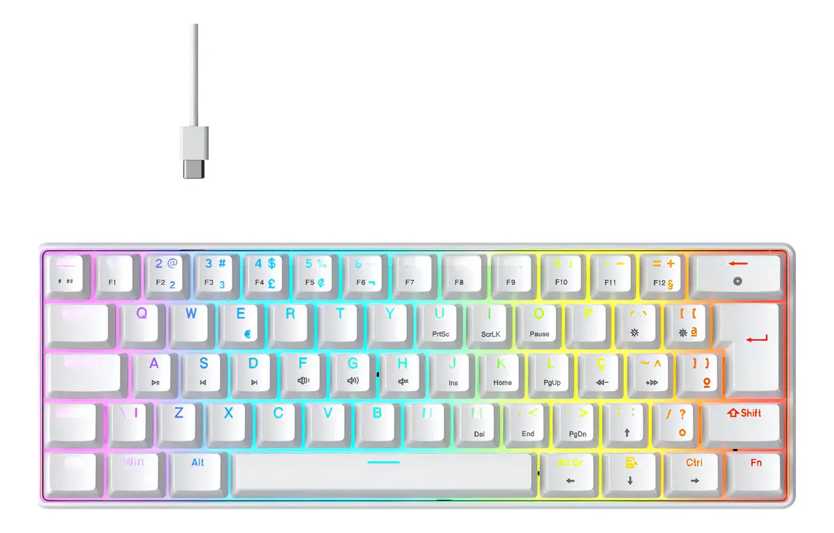 Teclado mecânico gamer Hyrax Thunder HCK61B RGB ABNT 2 branco com switch Huano azul
