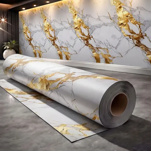 Papel De Parede Mármore Branco Dourado Autocolante Lavável Dourado 6 Metros