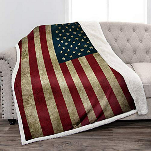 Manta Sherpa Bandera Americana, Compatible Con Sofá Y Cama.