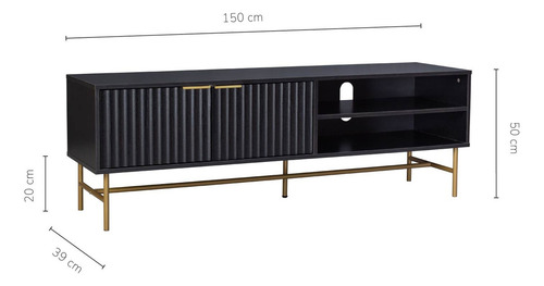 Mueble Rack De Tv Acanalado Top Living Relan Queens Centro de Entretenimiento Con Puertas Color Negro y Dorado