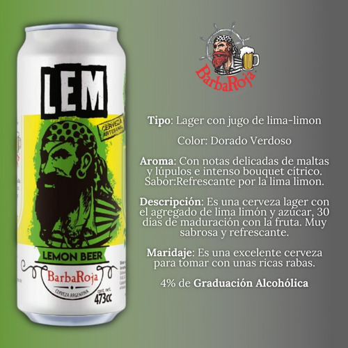 Imagen 2 de 10 de Cerveza Artesanal Barba Roja Lemon Pack X 12 Latas 473ml.