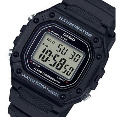 Reloj pulsera Casio Youth W-218H de cuerpo color negro, digital, para hombre, fondo gris y negro, con correa de resina color negro, dial negro, minutero/segundero negro, bisel color negro, luz ámbar y hebilla simple