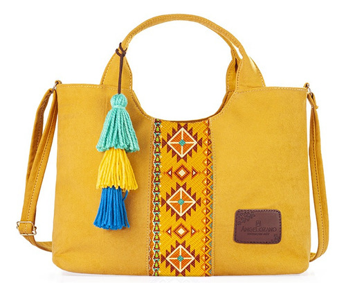 Bolso Elaborado En Textil Durazno Con Detalles Sublimados Acabado de los herrajes Izamal Color Amarillo Diseño de la tela Izamal mostaza