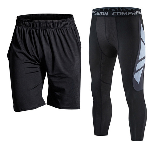 Leggins Compresion Y Pantalones Cortos Gym Hombre 2 Piezas